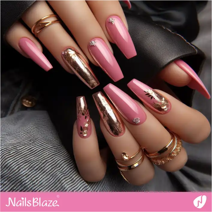 Gold Foil Design on Glossy Pink Nails | Foil Nails - NB4091